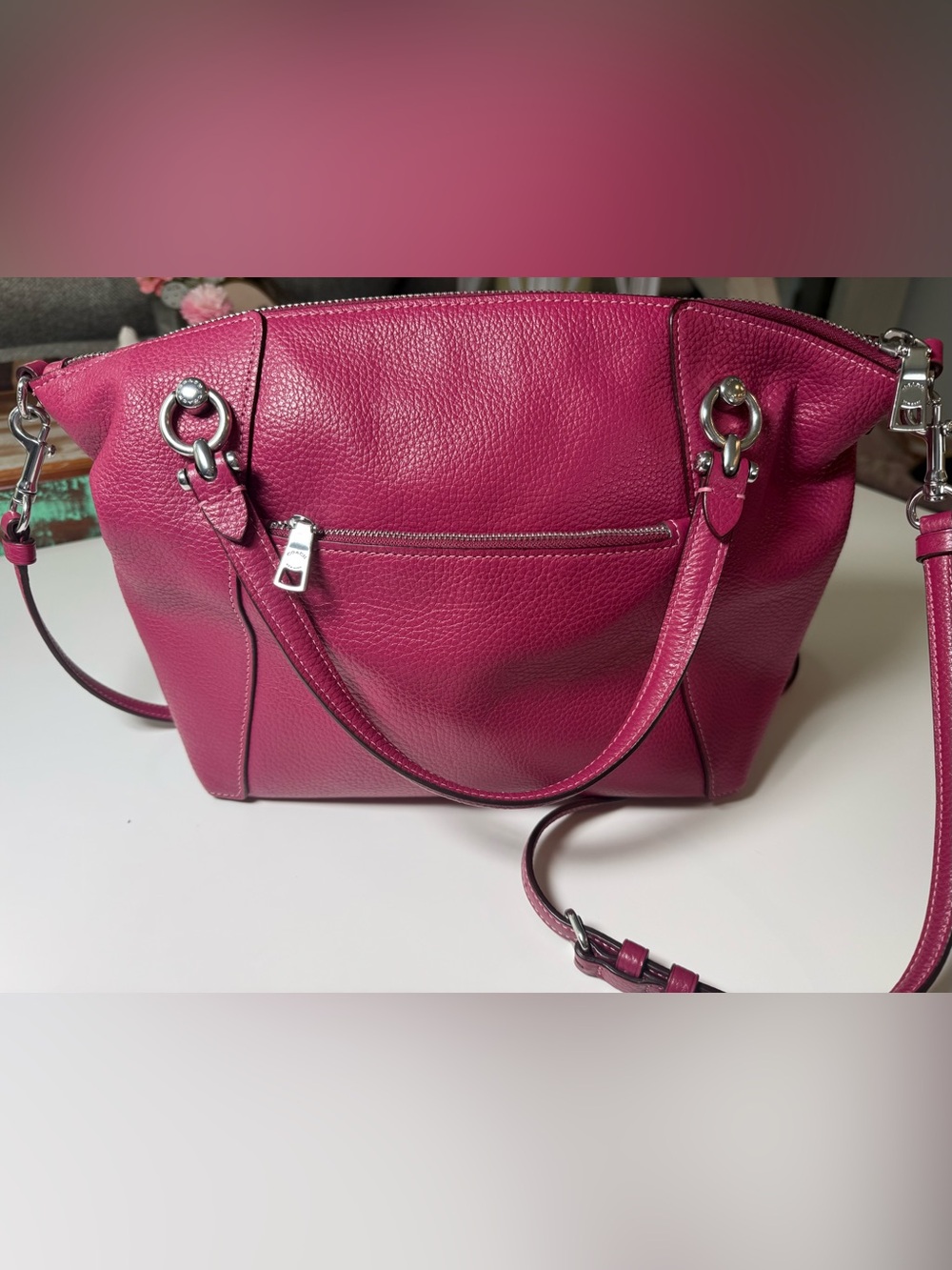 Coach Pebbled Leather Kacey Satchel in Raspberry - Picture 6 of 13